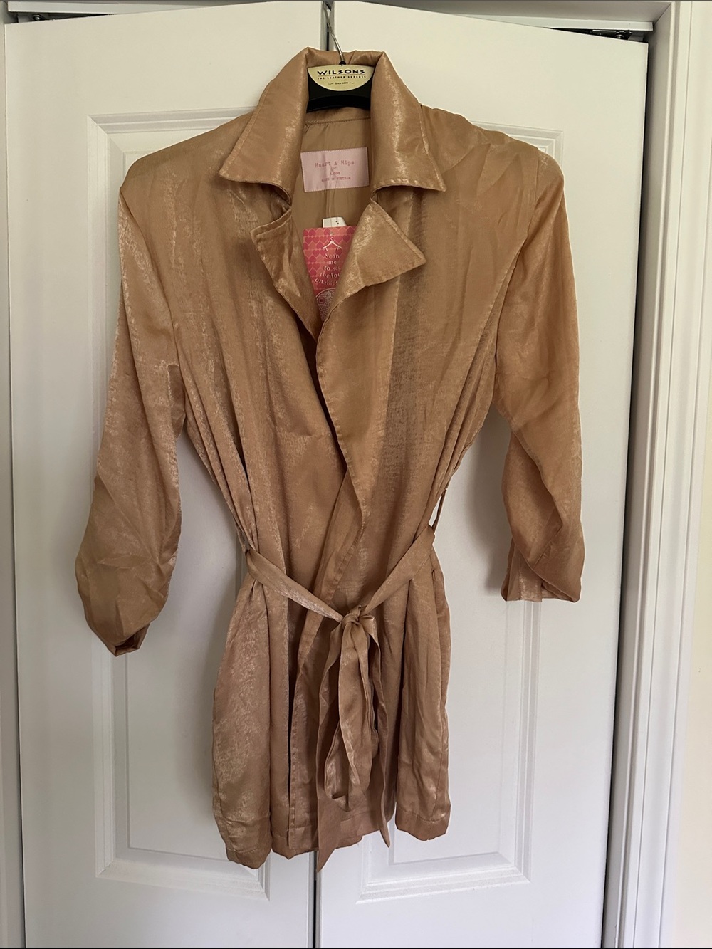 Women's Golden Tan Satin Jacket with Self Tie Belt & Adjust Sleeves